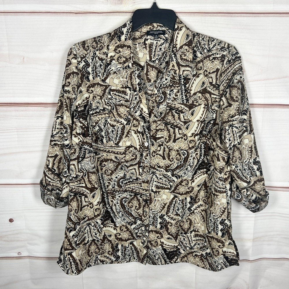 Notations Top Womens 1X Brown Paisley Shirt Button Up Tab Sleeve Collar Stretch